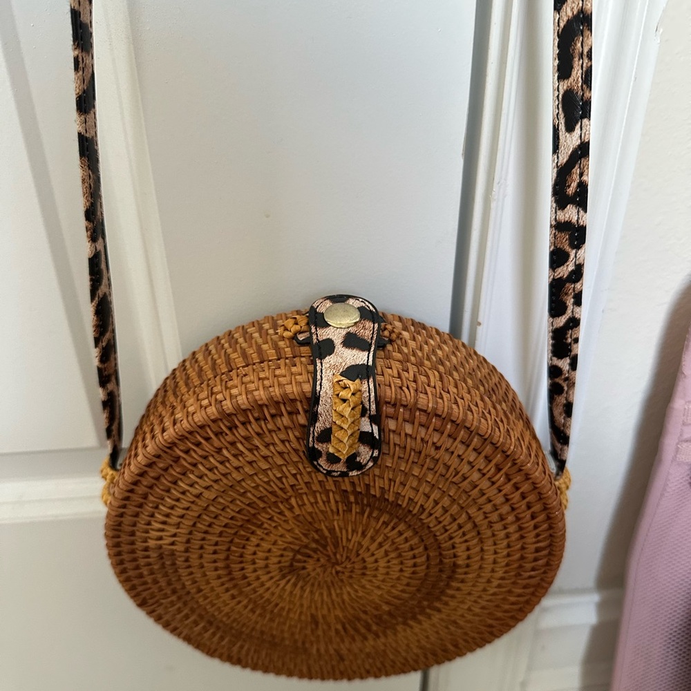 NWOT Rattan Purse with Leopard Strap